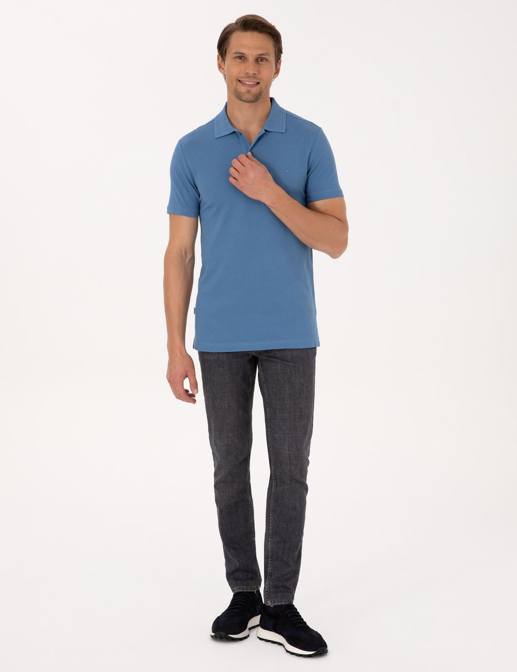 Koyu Mavi Slim Fit %100 Pamuk K_vr_lmaz Polo Yaka Basic Ti__rt