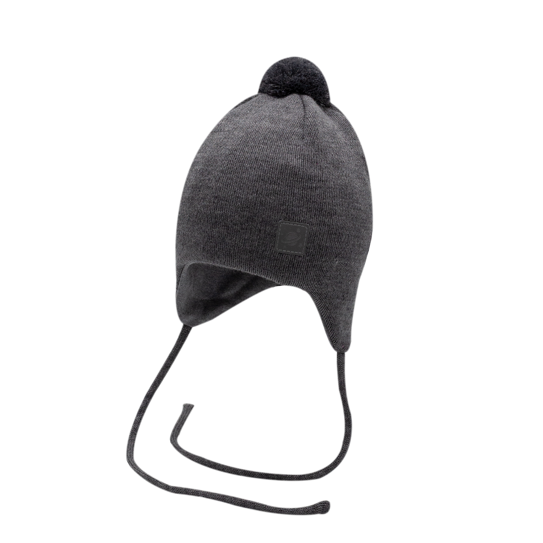 Шапка вязаная двухслойная с ниточным помпоном с завязками и светоотражающим шевроном Космос (полуш - Elfoxo фото 4