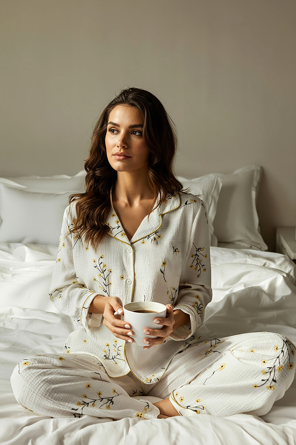 Beyaz-Sar? Dokulu Cicekli Biyeli Orme Pijama Tak?m? THMAW26PT00212