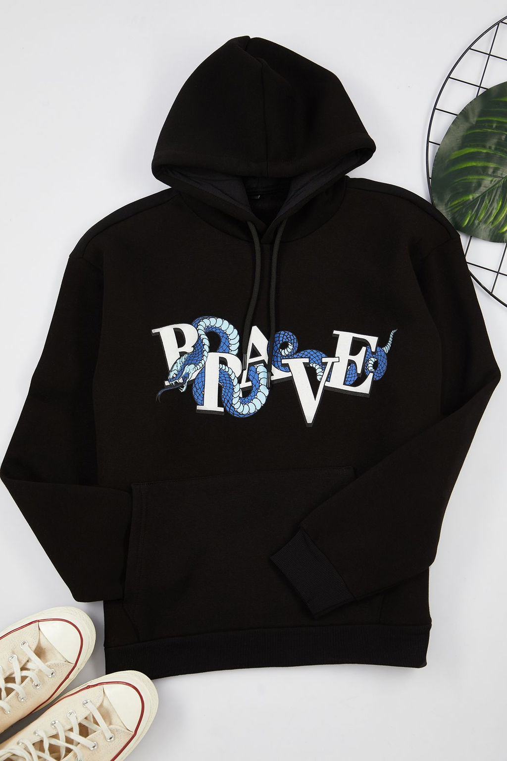 Siyah Oversize/Genis Kesim Kapusonlu Kabaran Bask? Ici Polar/S?cak Tutan Sweatshirt TMNAW25SW00037