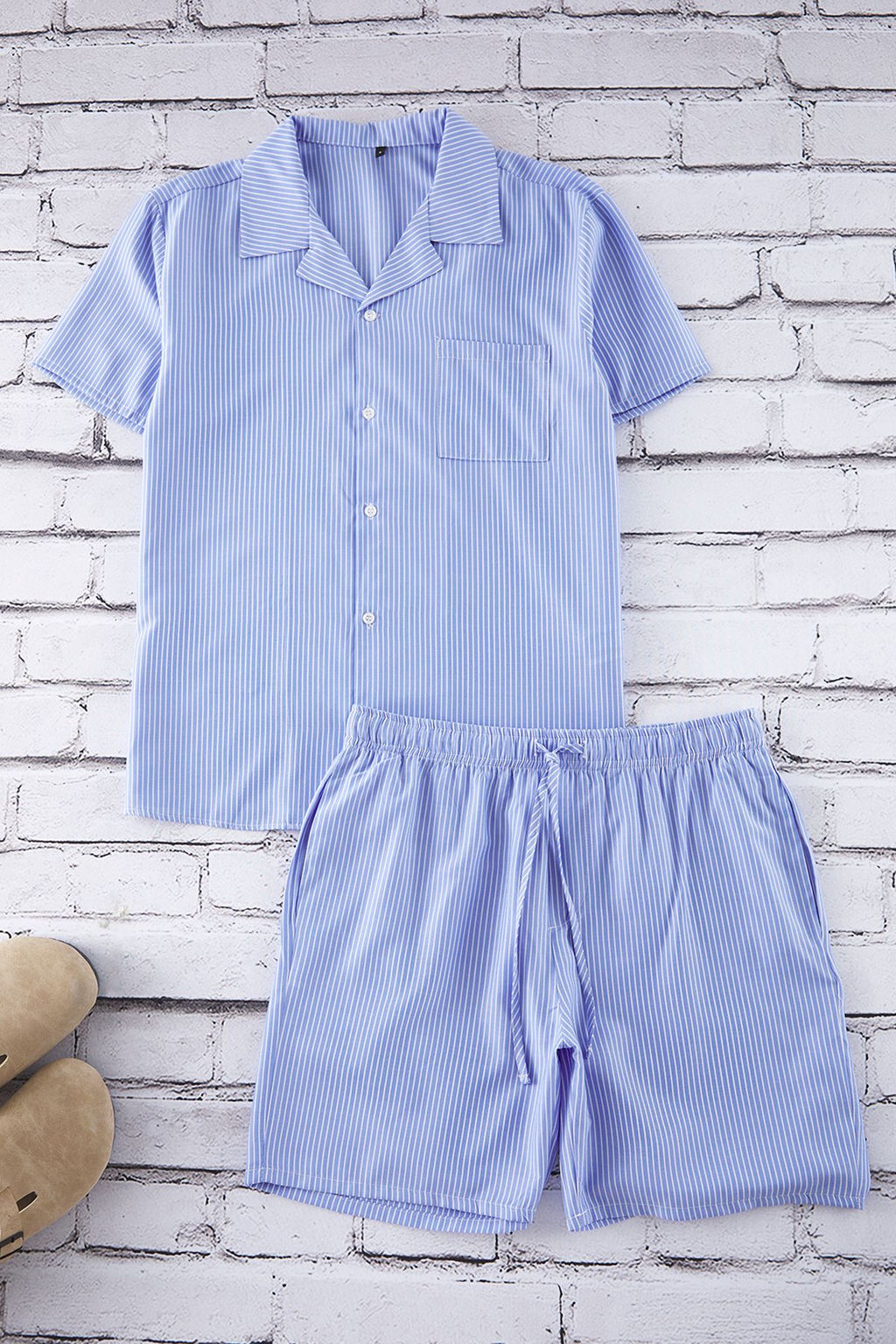 TRENDYOL MAN Mavi Oversize Fit Cizgili Dokuma Pijama Tak?m? TMNSS25PT00064