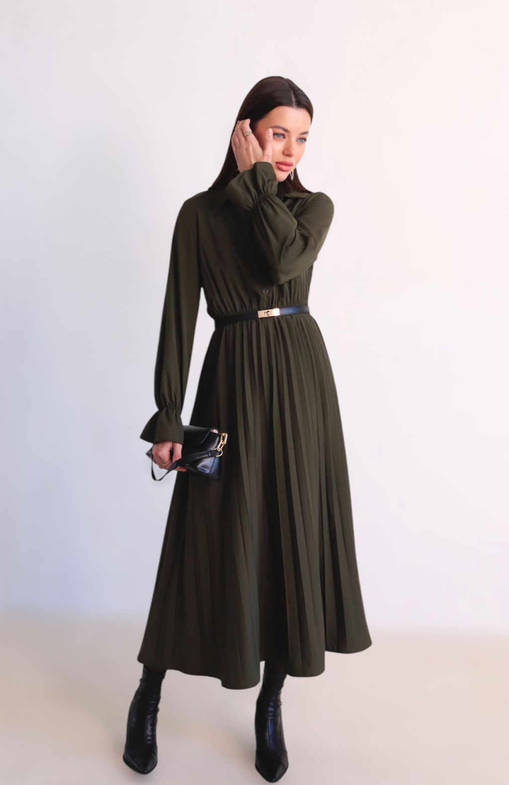 Martichelli Платье рубашка с юбкой-плиссе хаки фото 7