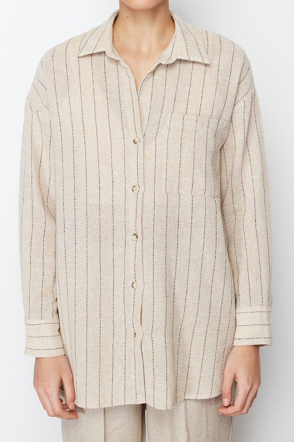 TRENDYOLMILLA Bej Cizgili Oversize Keten Gorunumlu Dokuma Gomlek TWOSS24GO00047  фото 4