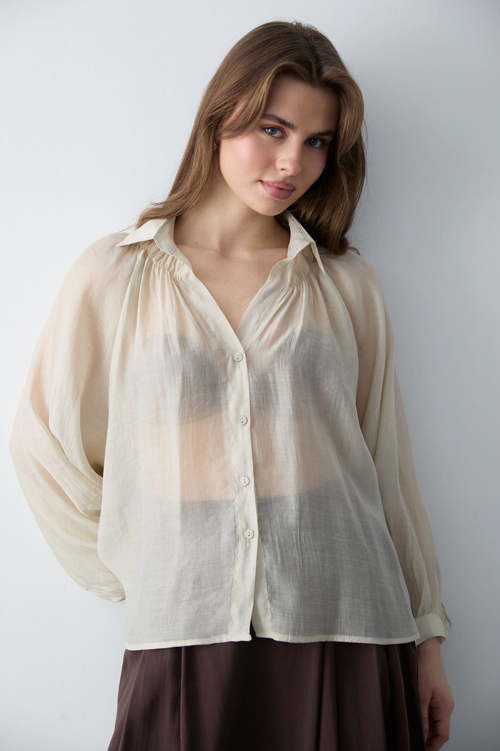 Kahverengi Ince Dokumlu Balon Kol Dokuma Gomlek TWOSS26GO00139 - Trendyolmilla фото 7