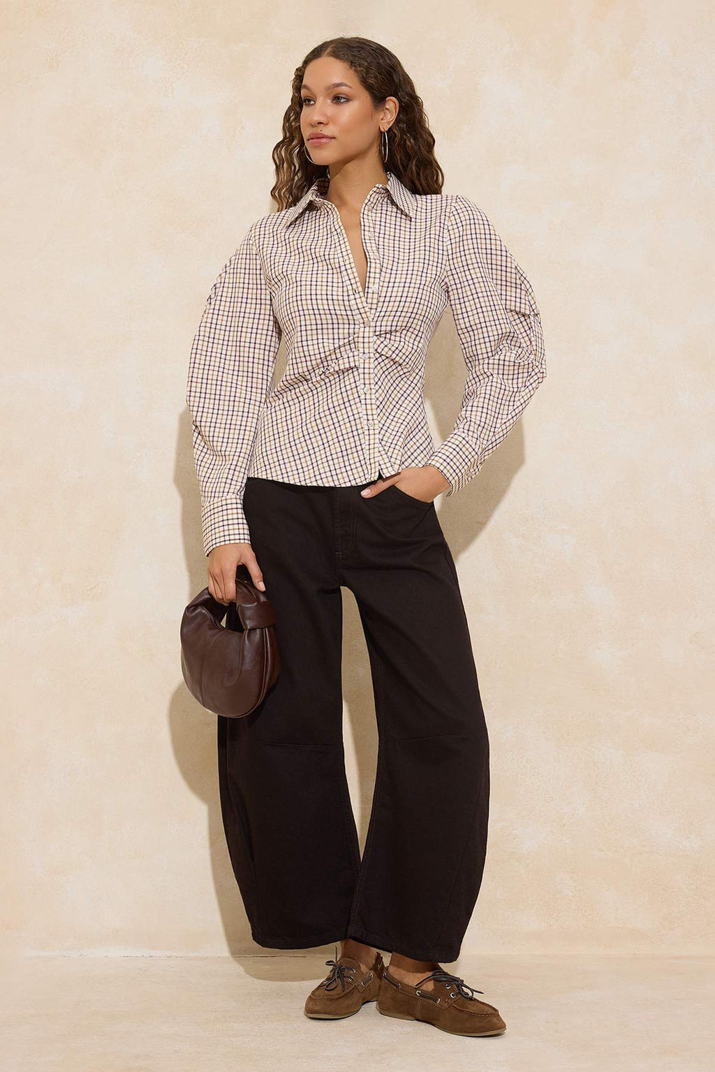 Cok Renkli Balon Kol Detayl? Bele Oturan Asimetrik Kapama Dokuma Gomlek TWOSS26GO00068 - Trendyolmilla фото 2