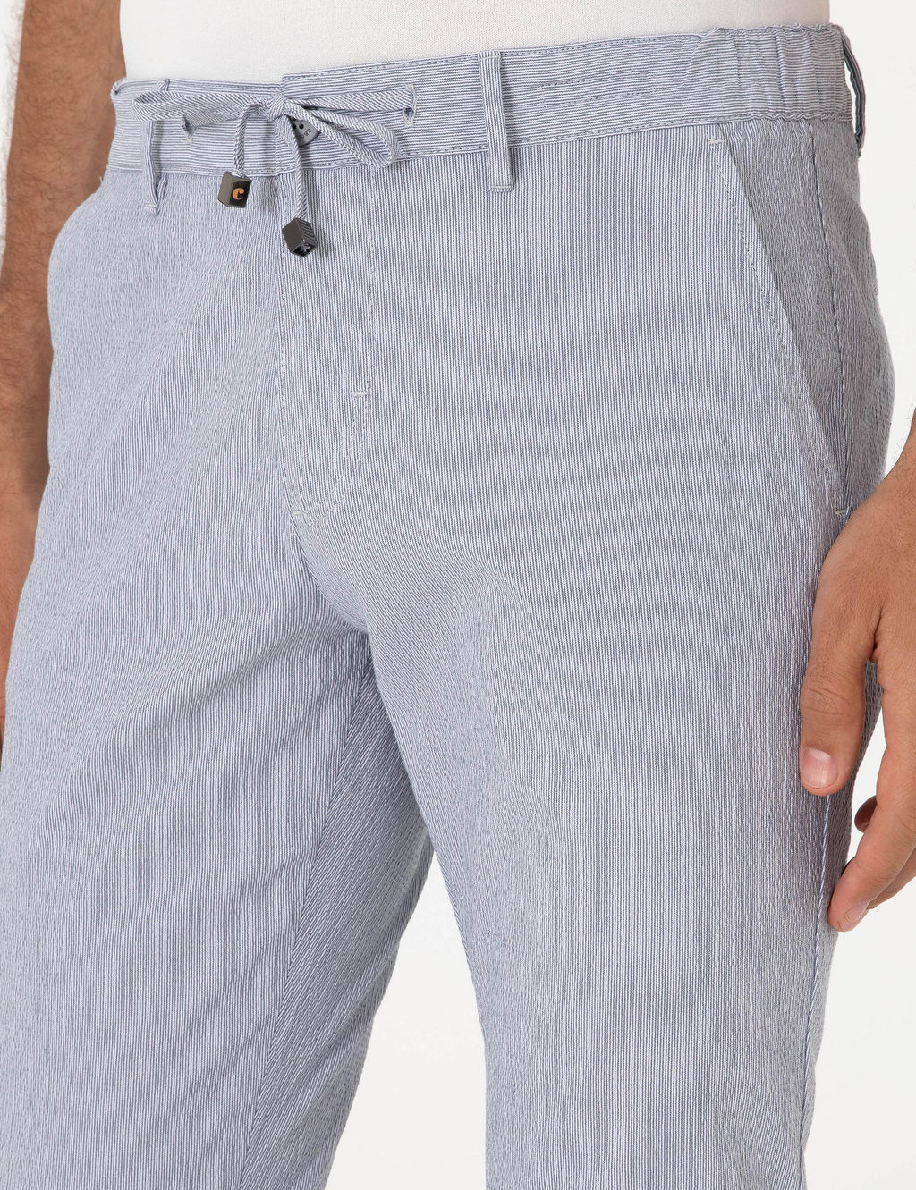 A__k Mavi Slim Fit Gofreli Beli Ba_c_kl_ Spor Pantolon