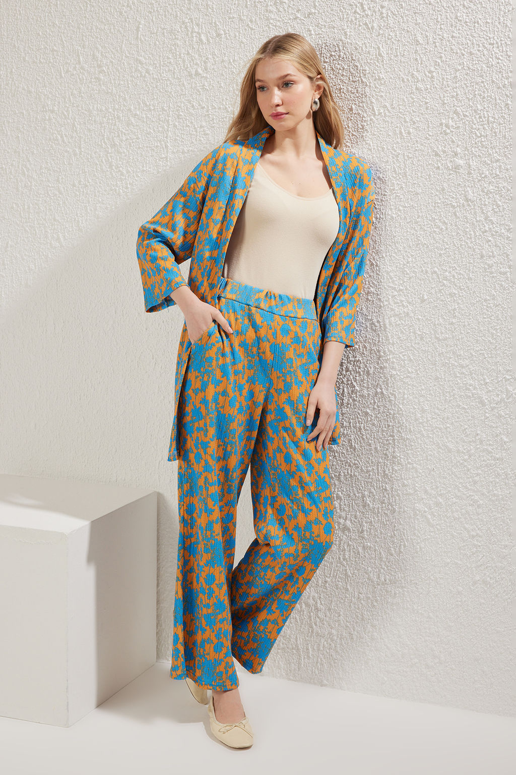 Turuncu Bask?l? Rahat Kesim Esnek Kimonolu Orme Alt-Ust Tak?m TWOSS24AU00103