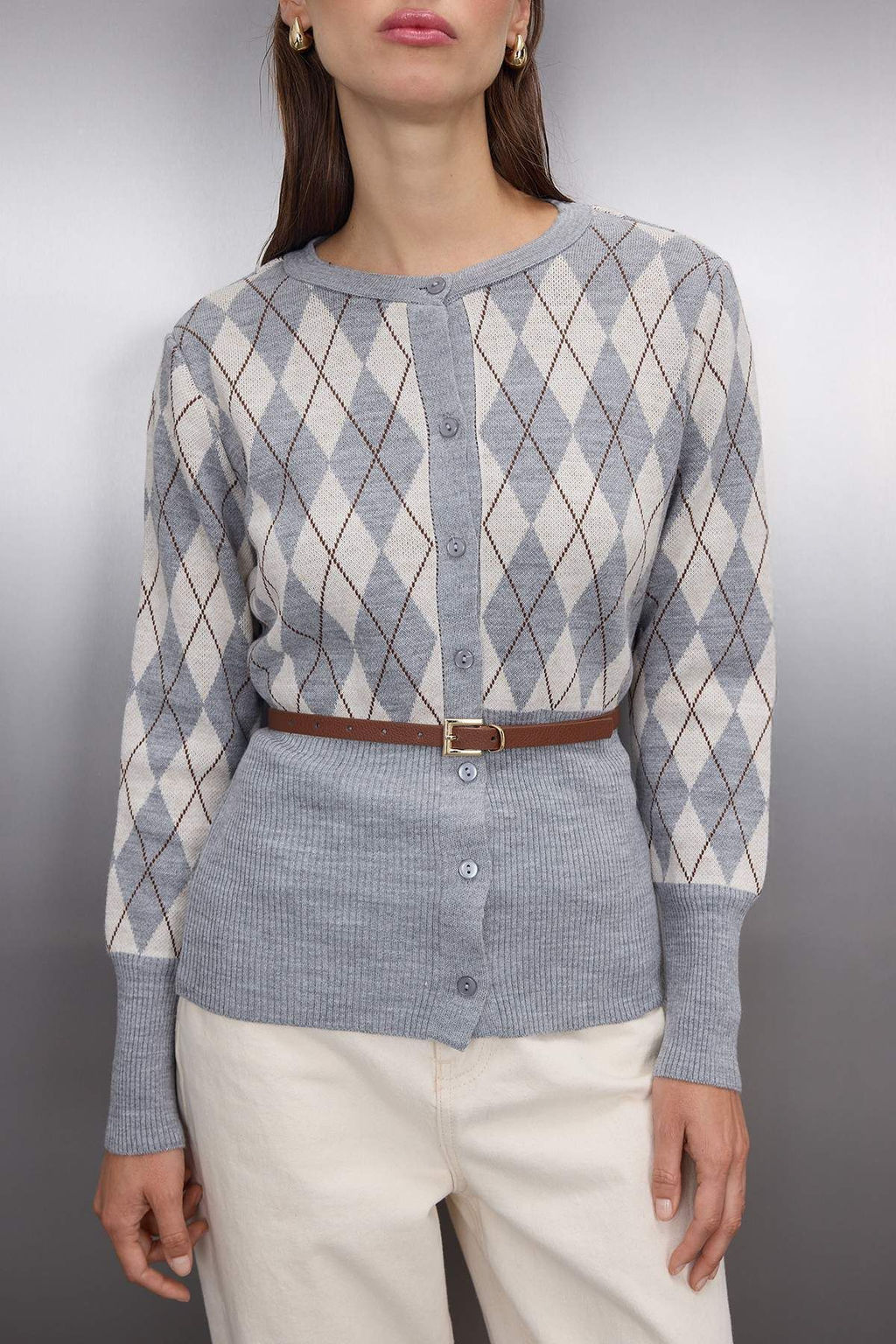 Gri Baklava Desenli Kemerli Triko H?rka TWOAW26HI00150 - Trendyolmilla фото 7