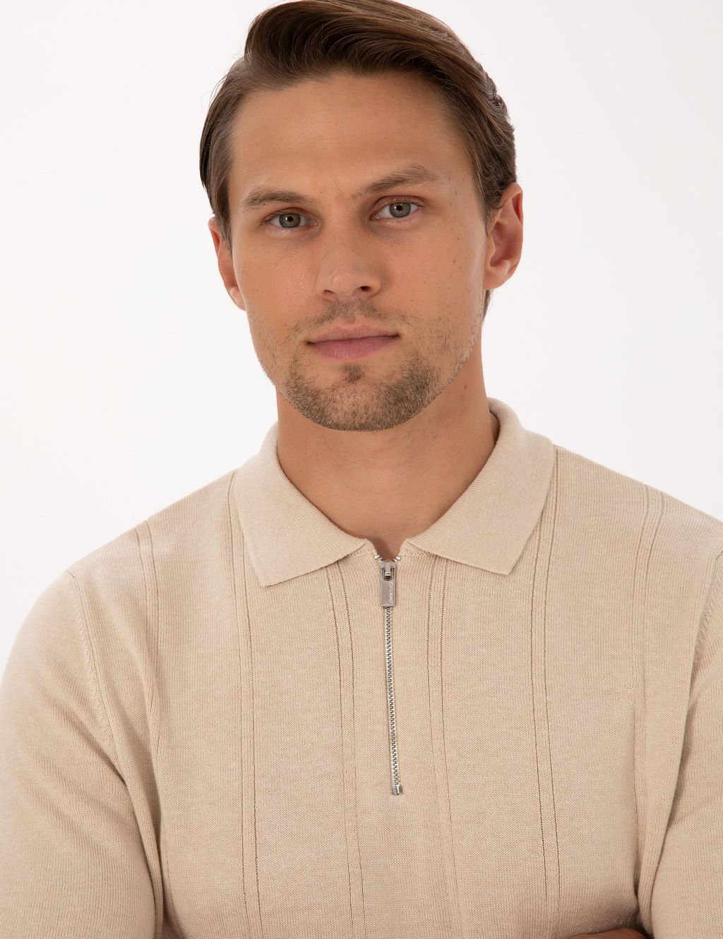 Bej Slim Fit Polo Yaka Fermuarl_ Triko Kazak - Pierre cardin фото 2