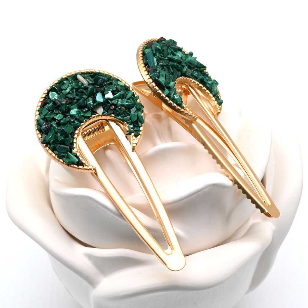 Заколка зажим для волос Месяц с натуральным малахитом 7*3,5*1,8см