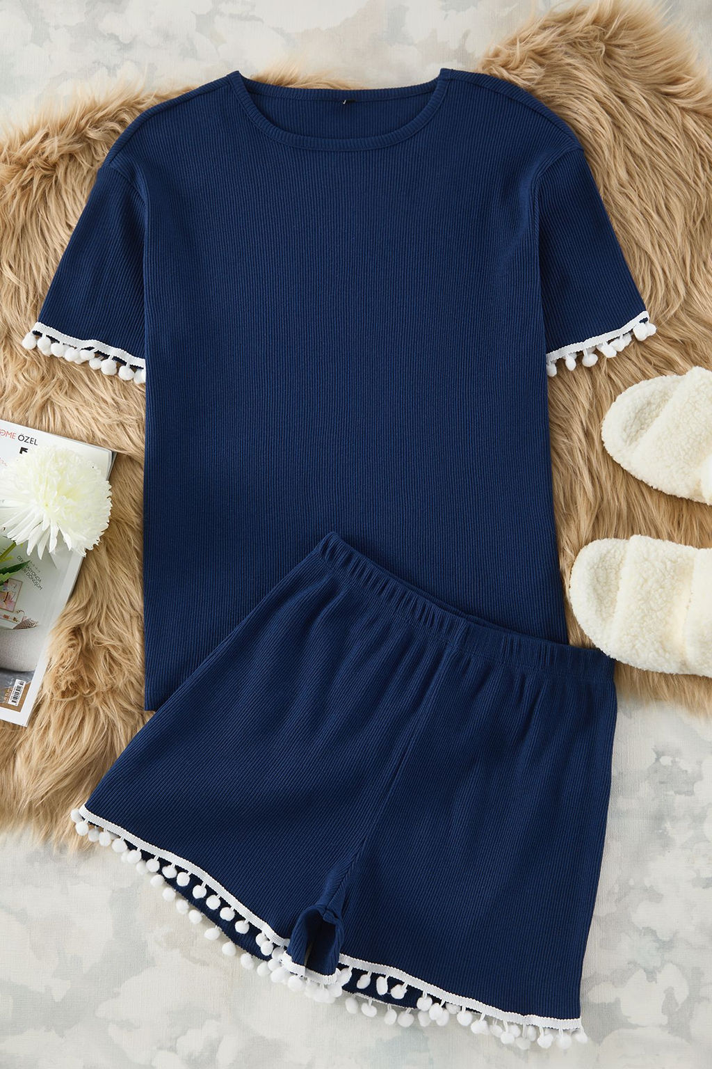 Trendyolmilla Lacivert Ponpon Detayl? Fitilli Sortlu Orme Pijama Tak?m? THMSS25PT00073  фото 6