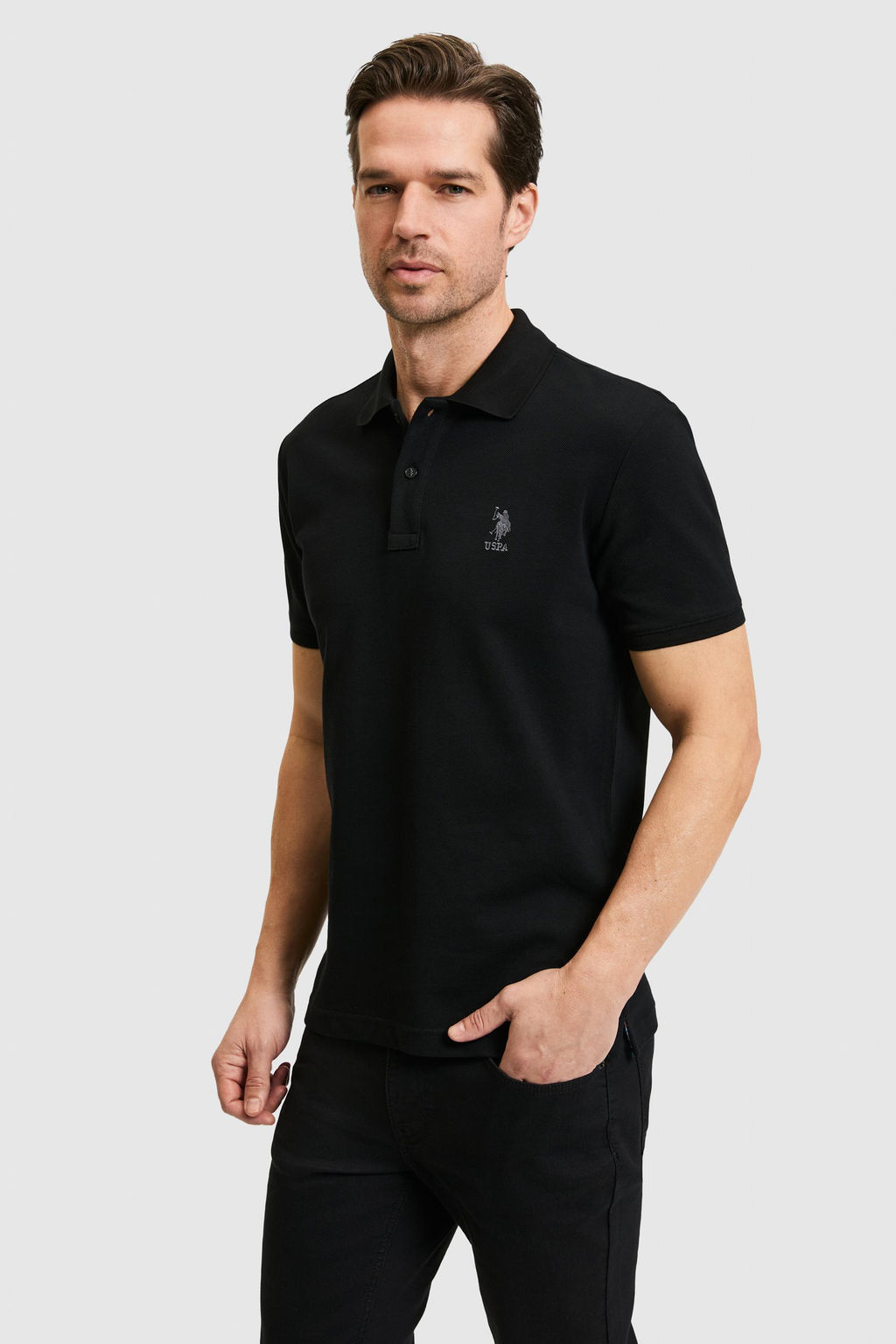 Erkek Slim Fit Polo Yaka Siyah Basic Ti__rt