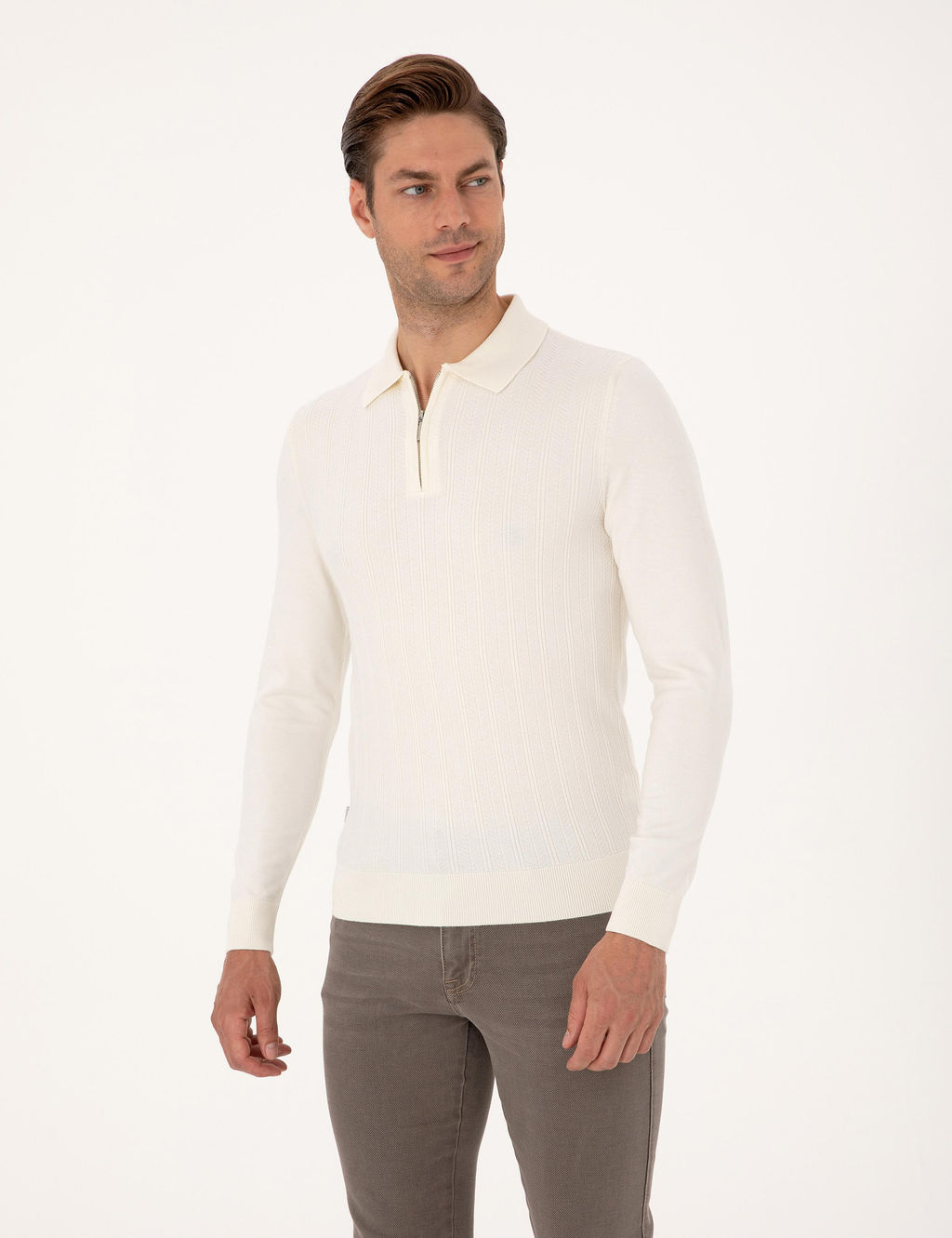 Ekru Regular Fit Polo Yaka Fermuarl_ Triko Kazak