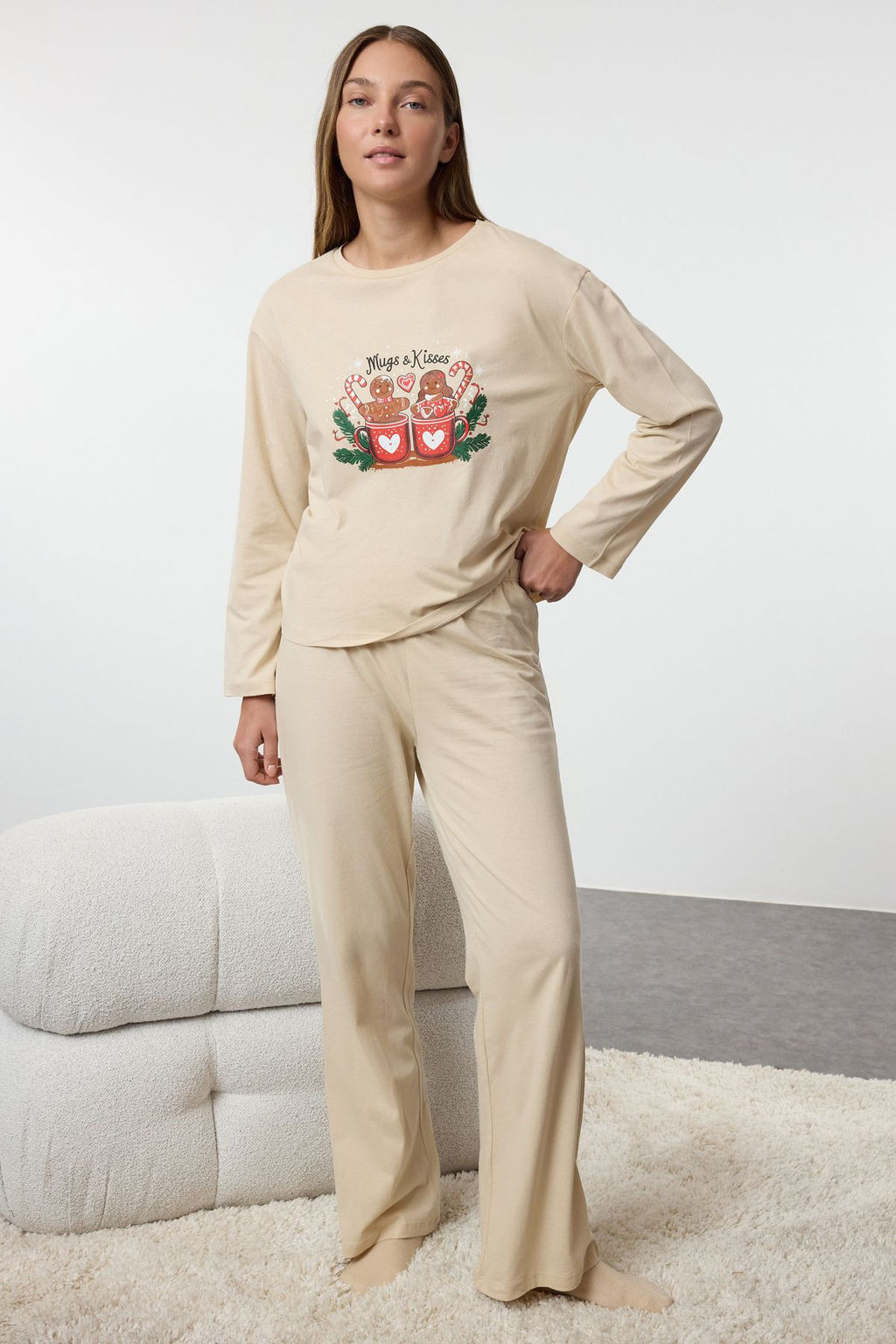 Trendyolmilla Kad?n Couple/Cift Bej %100 Pamuklu K?s Temal? Orme Pijama Tak?m? THMAW25PT00162  фото 4