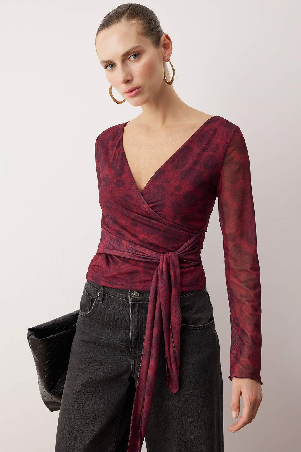 Bordo Soyut Anvelop Fitted/Vucuda Oturan Tul Orme Bluz TWOAW26BZ00226