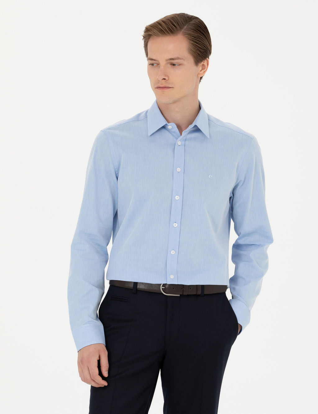 Голубая классическая рубашка приталенного кроя с длинным рукавом - Cacharel фото 3