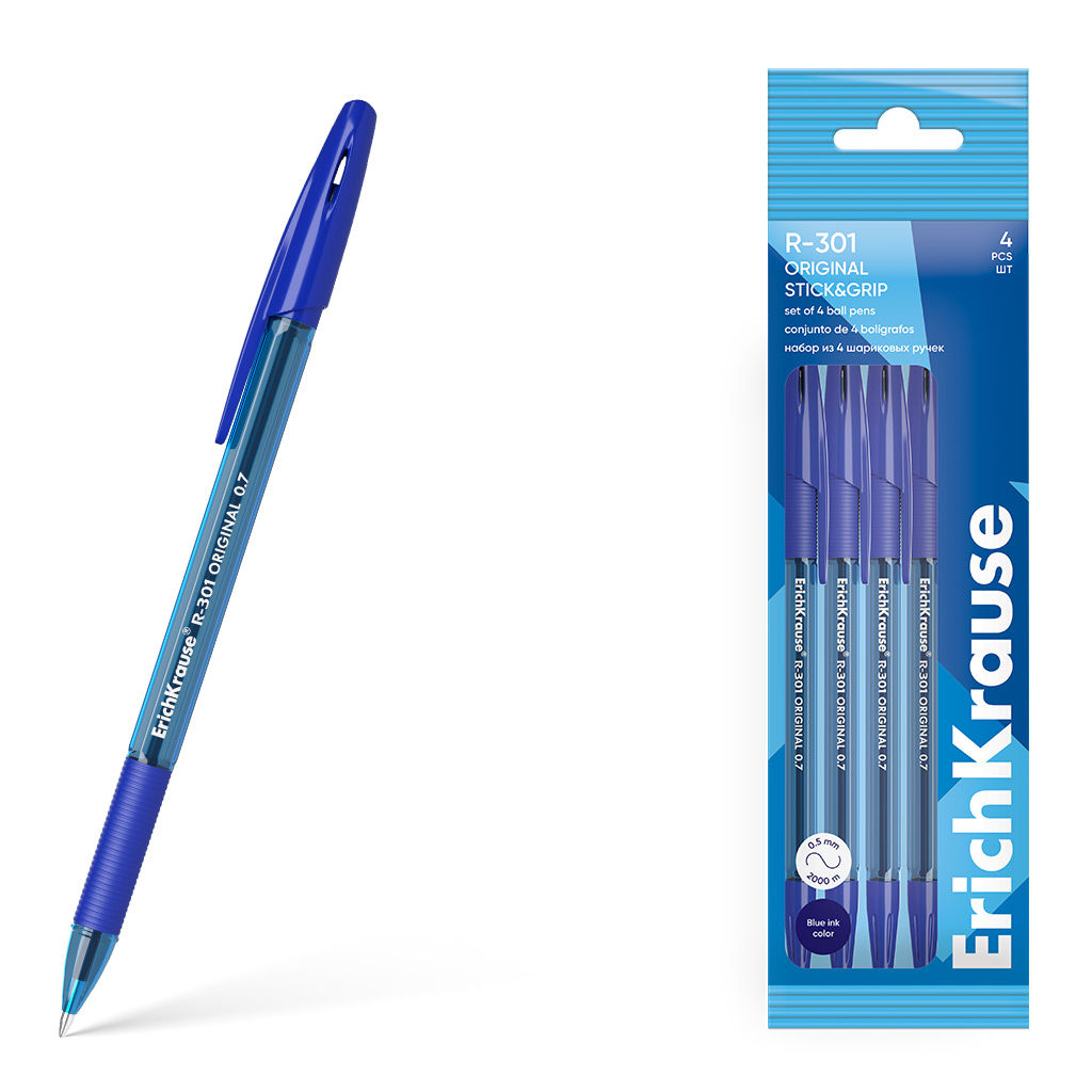 Цена за 24 шт. Набор из 4 ручек шариковых ErichKrause R-301 Stick&Grip Original 1.0, цвет чернил синий (в пакете)