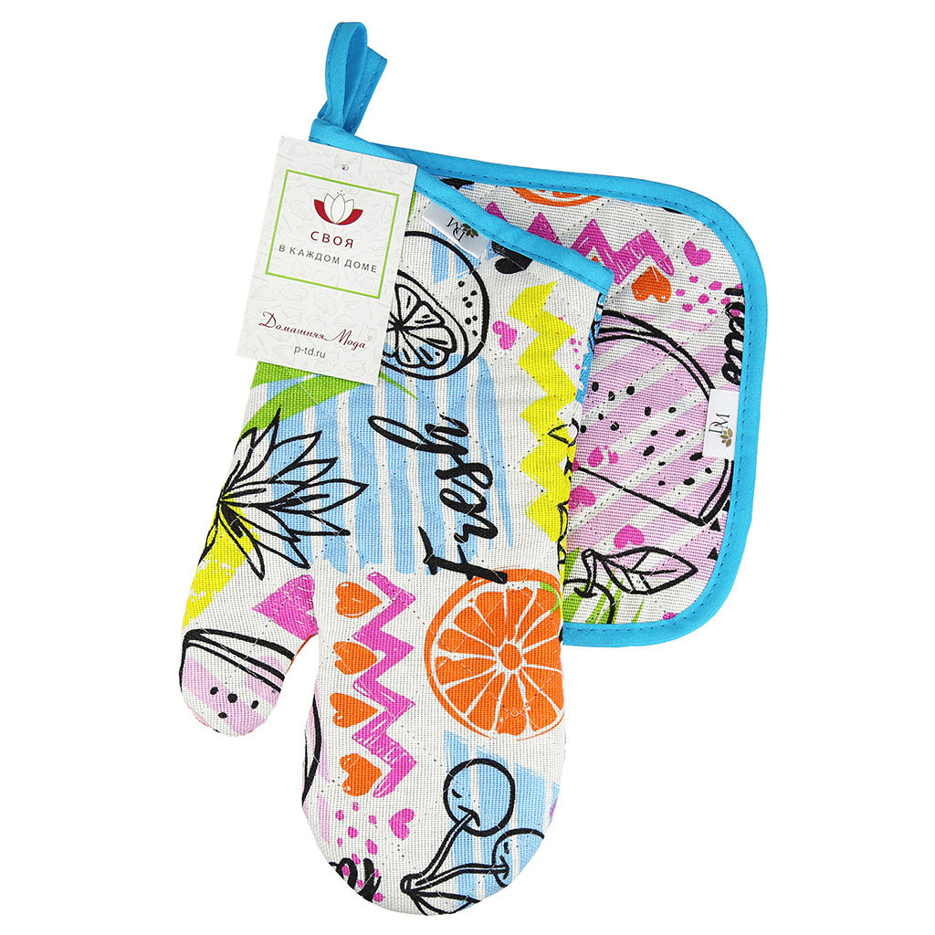 Кухонный комплект ФрешФут б/з: прихватка-варежка 15х30см + прихватка 20х20см, рогожка 171г/м2, хлопок 100%, наполнитель - ватин 280г/м2, на пластмассовом подвесе, Домашняя мода (Россия)  фото 4