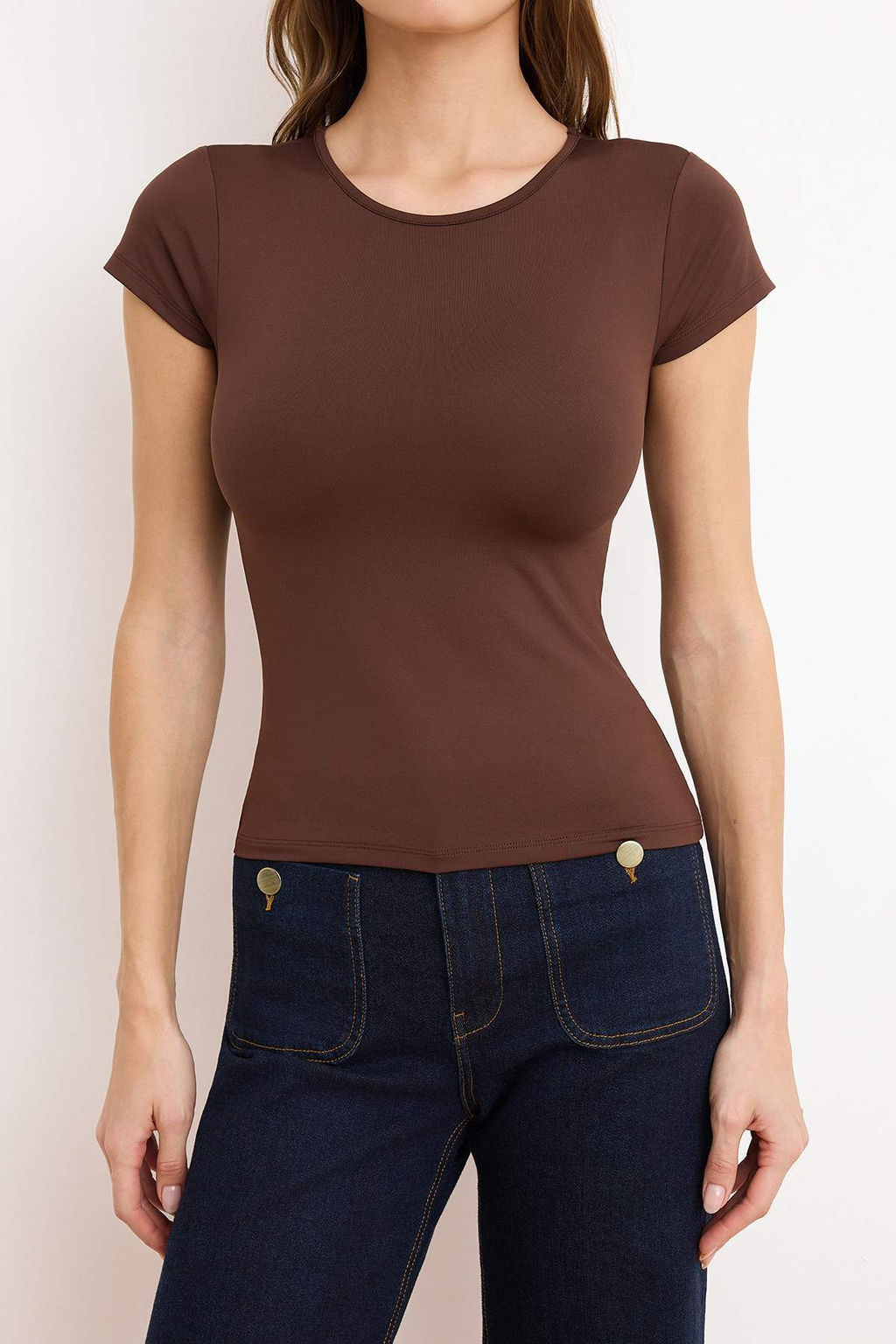 Kahverengi Poliamid K?sa Kol Bisiklet Yaka Fitted/Vucuda Oturan Orme T-Shirt TWOSS24TS00238