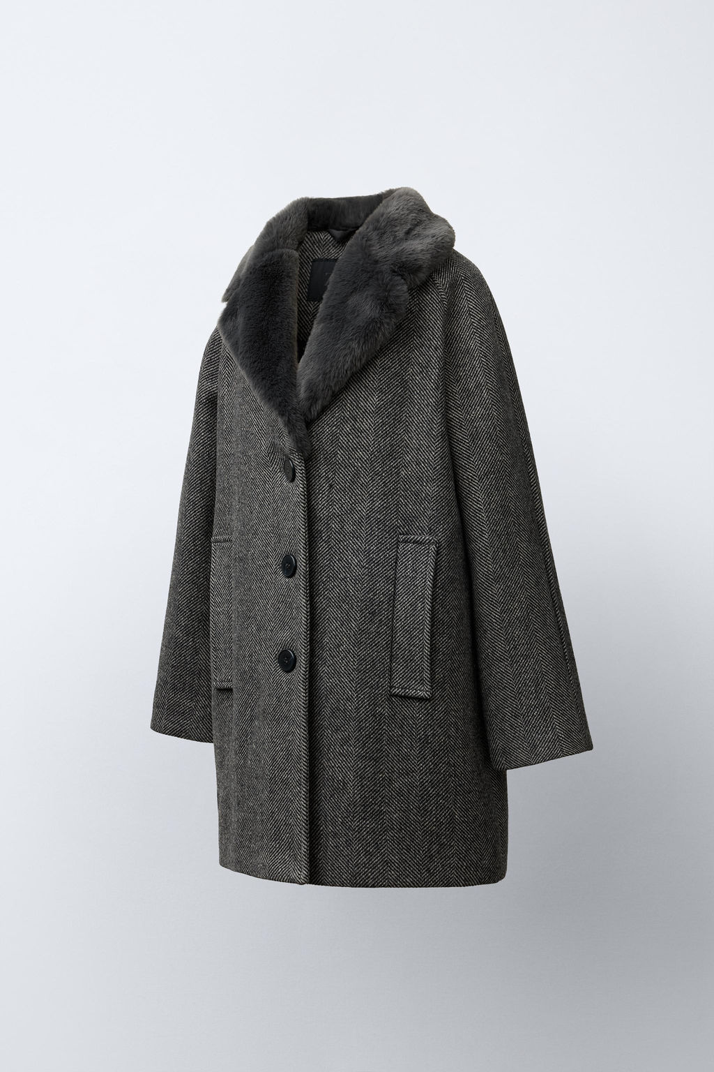 HERRINGBONE COAT WITH WOOL AND FAUX FUR COLLAR - Zara фото 2
