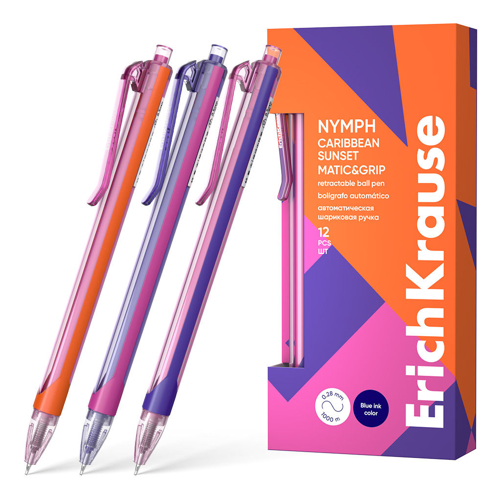 АКЦИЯ Цена за 12 шт. Ручка шариковая автоматическая ErichKrause Nymph Matic Caribbean Sunset 0.7, цвет чернил синий (в коробке по 12 шт.)