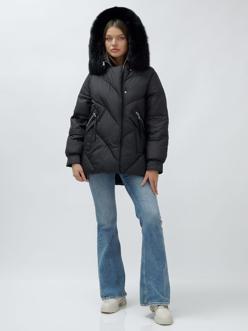 Полупальто женское зимние с мехом песец люкс класса черного цвета 6227Ch - Visdeer фото 6