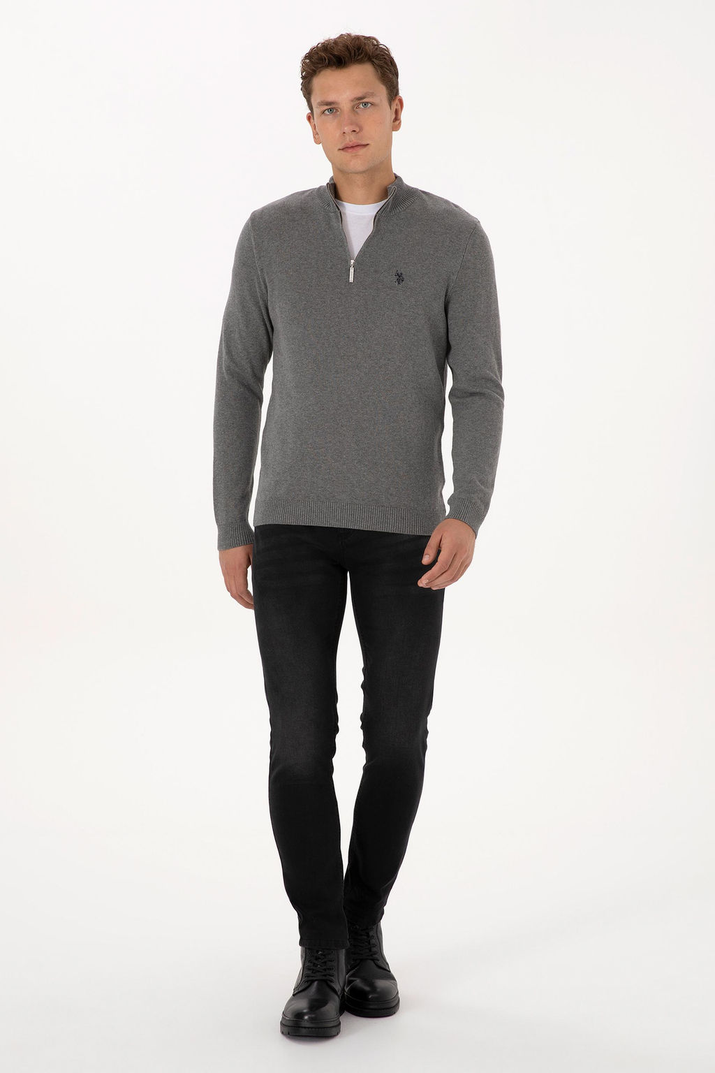 Erkek Slim Fit Yar_m Fermuarl_ Gri Melanj Basic Kazak - U.s. polo assn фото 4