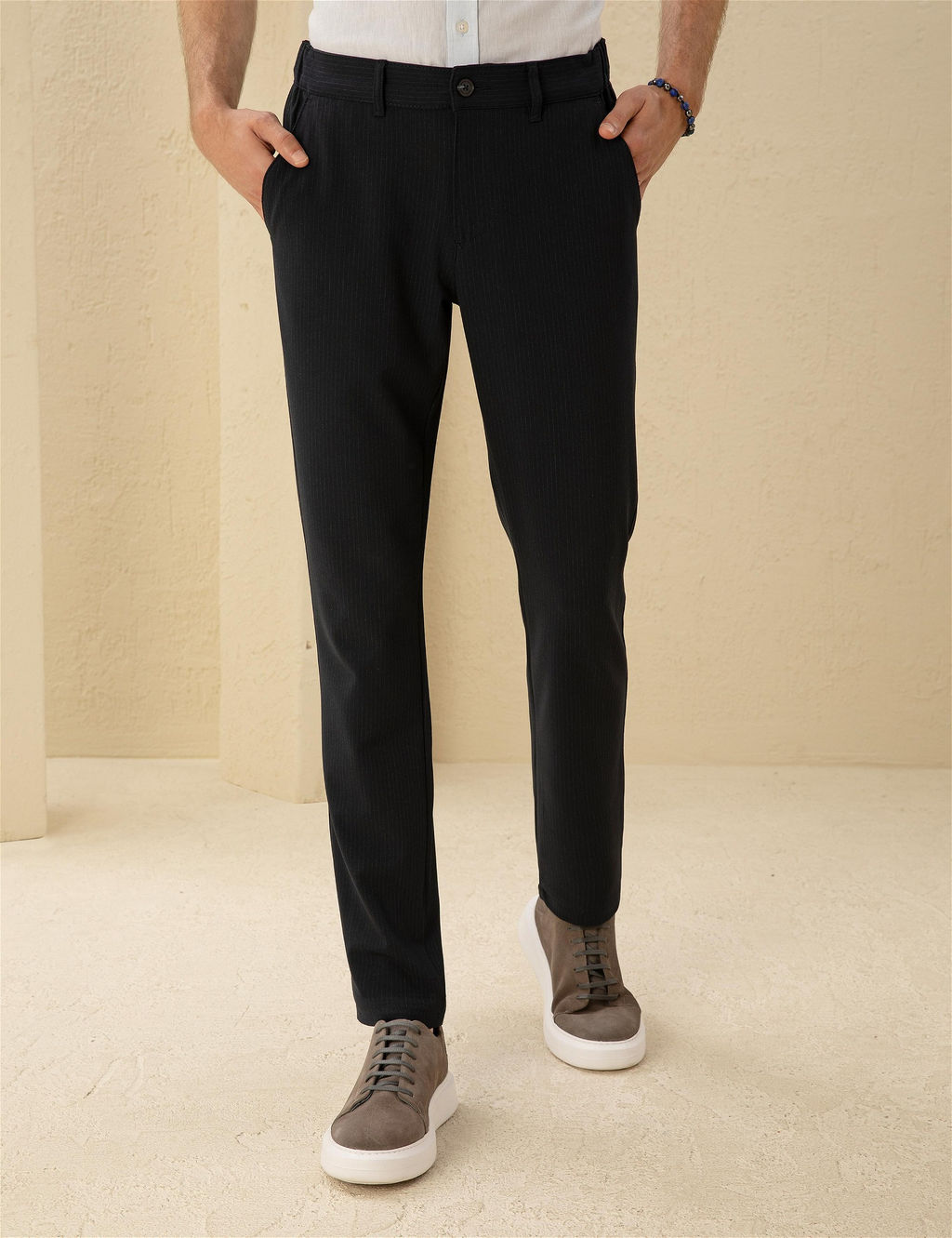 Lacivert Slim Fit Kanvas _izgili Pantolon