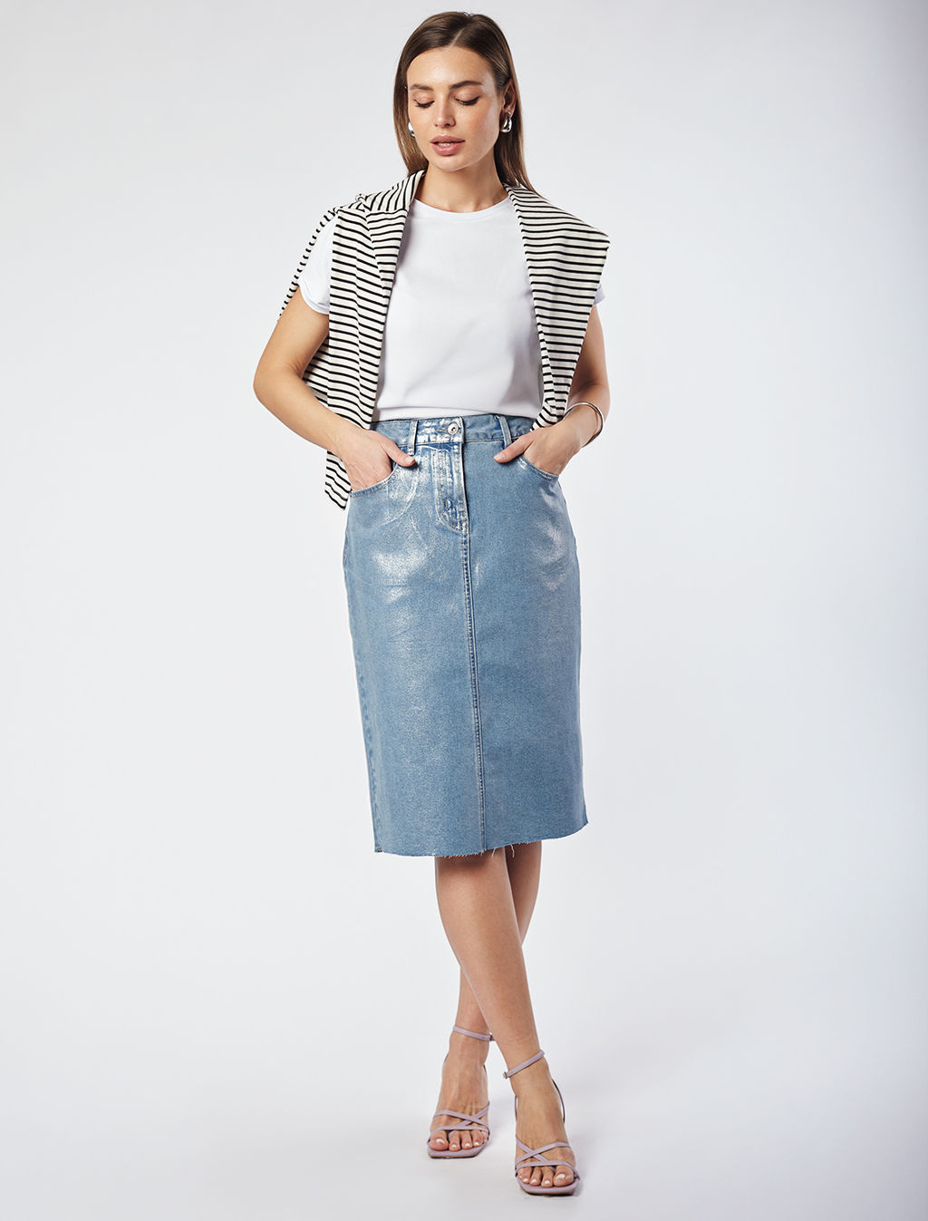 Юбка Vilatte D56.120 деним с металлизированным покрытием комбинированный  фото 8