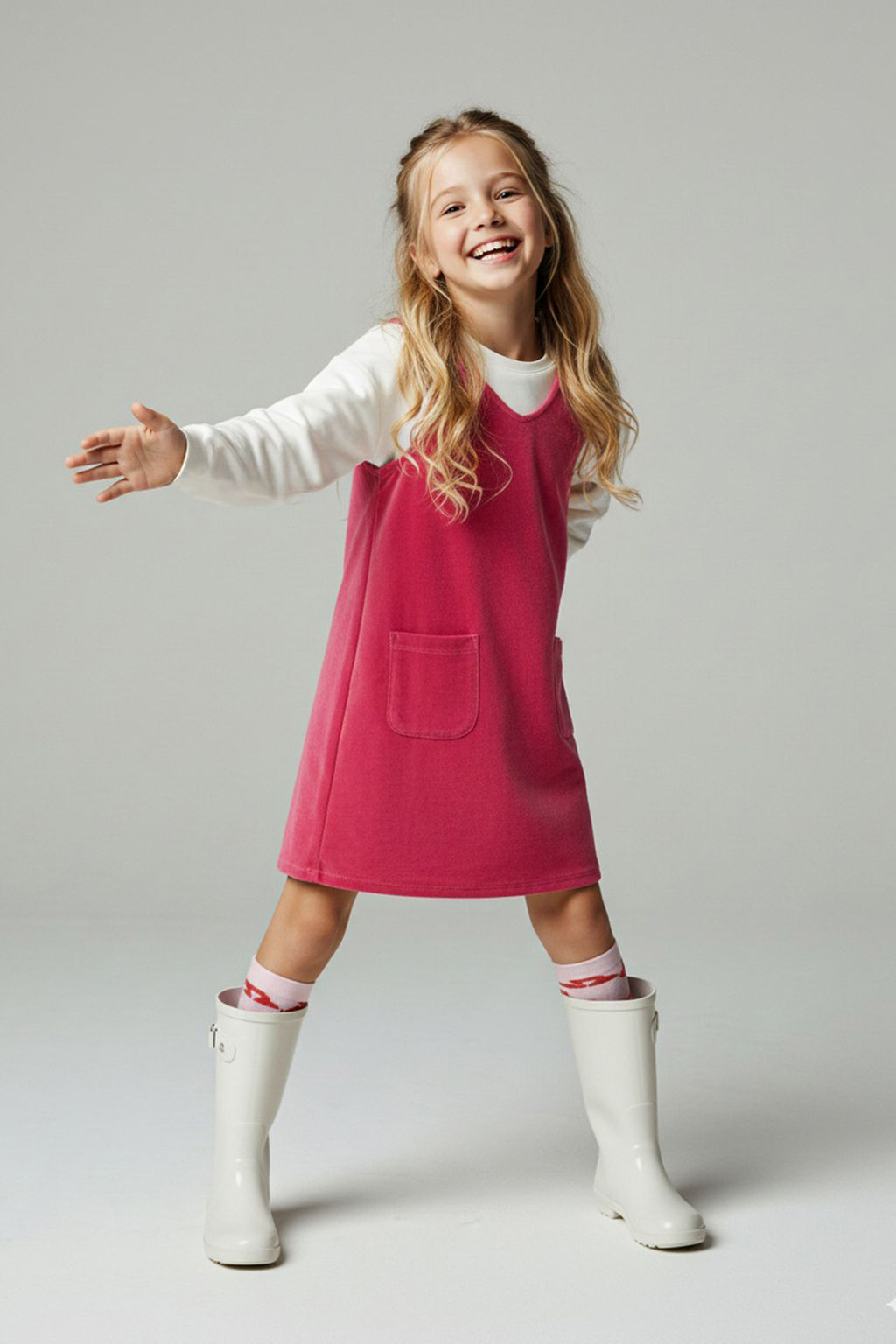 Gul Kurusu-Ekru 2li 100% Pamuk Kadife Duz Kare Yaka A-line K?z Cocuk Dokuma Elbise TKDAW26EL00005