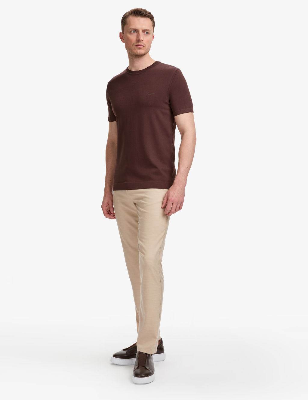 Koyu Kahverengi Slim Fit Bisiklet Yaka Triko Ti__rt