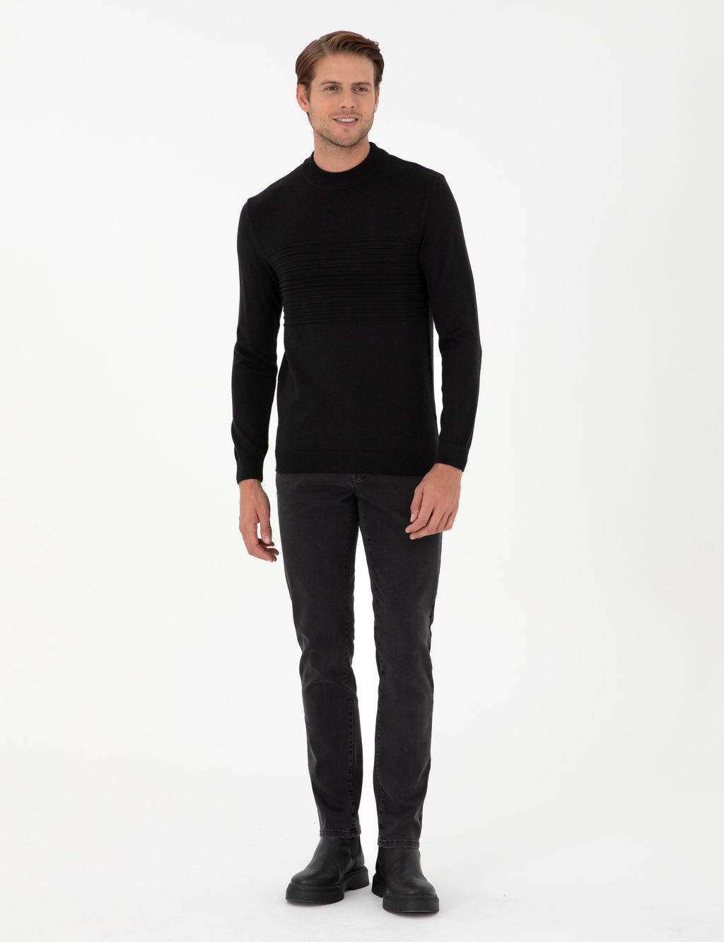 Siyah Slim Fit Bato Yaka Y_n Kar___ml_ Triko Kazak - Pierre cardin фото 4