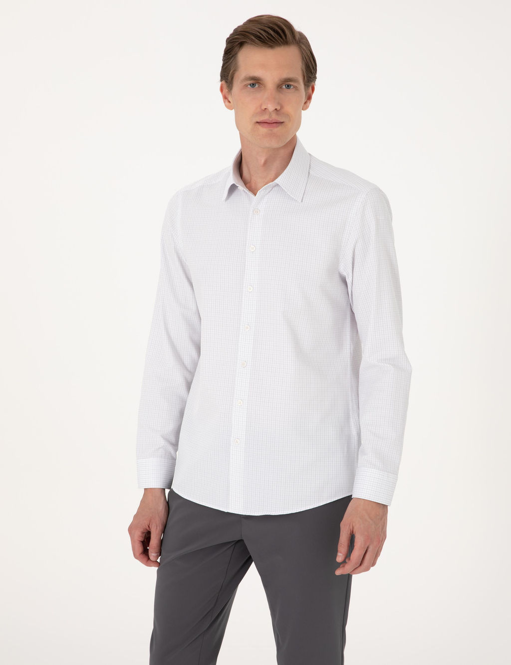 Gri Kareli Slim Fit Uzun Kollu G_mlek