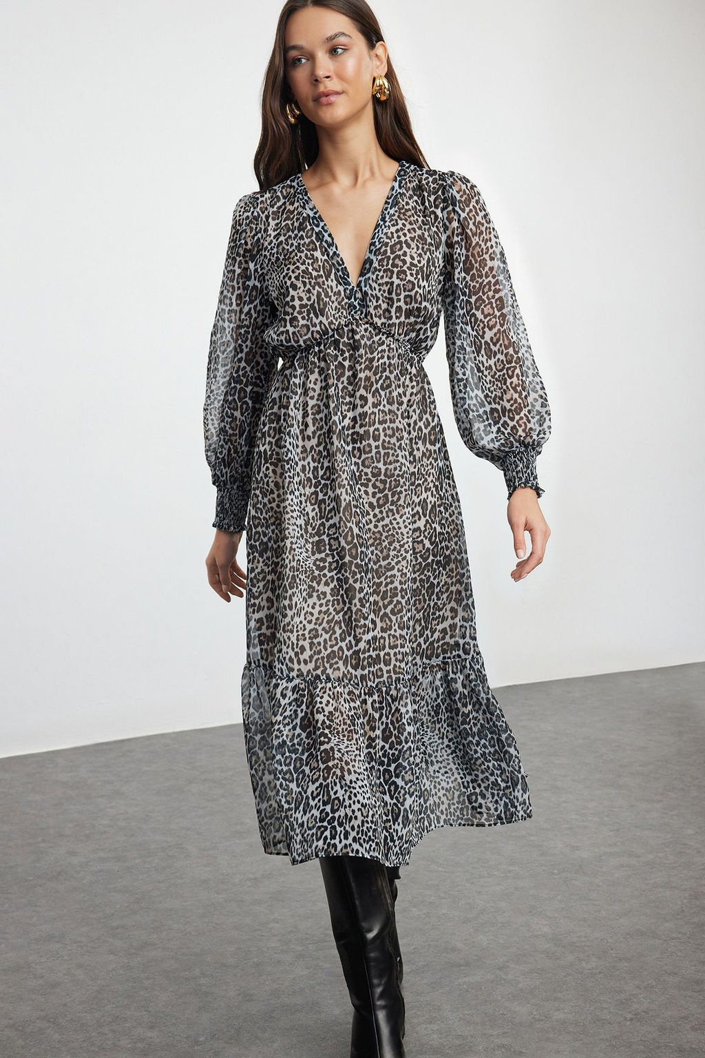 TRENDYOLMILLA Siyah Belden Ac?lan Astarl? Midi Sifon Dokuma Elbise TWOAW24EL00710  фото 12