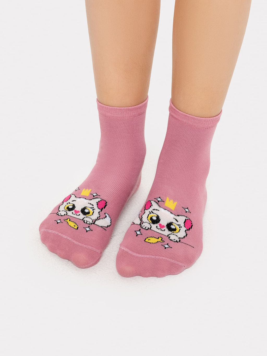 Цена за 5 пар! Носки детские фиолетовые с рисунком в виде котика