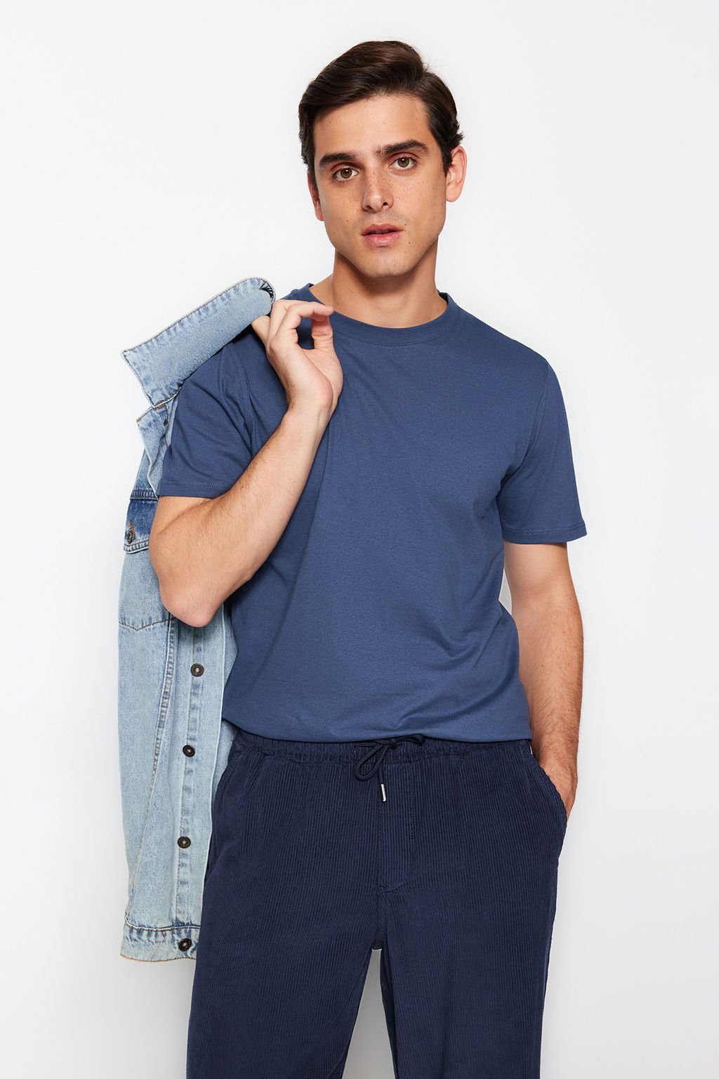 Gri-Ekru-Indigo Slim/Dar Kesim Bisiklet Yaka Basic %100 Pamuklu 3lu Paket T-Shirt TMNSS19BO0007