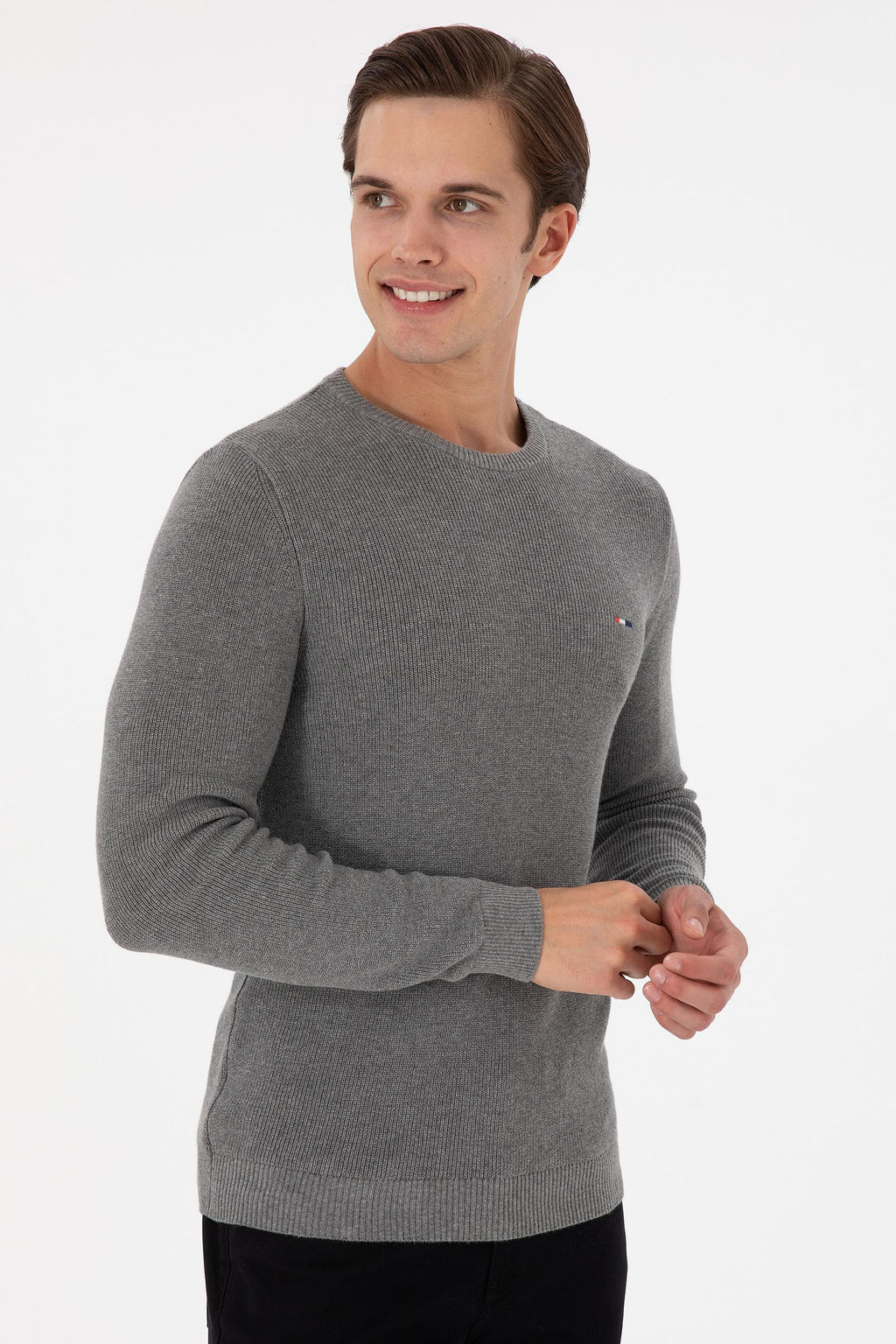 Erkek Slim Fit Bisiklet Yaka Gri Melanj Basic Kazak - U.s. polo assn фото 3