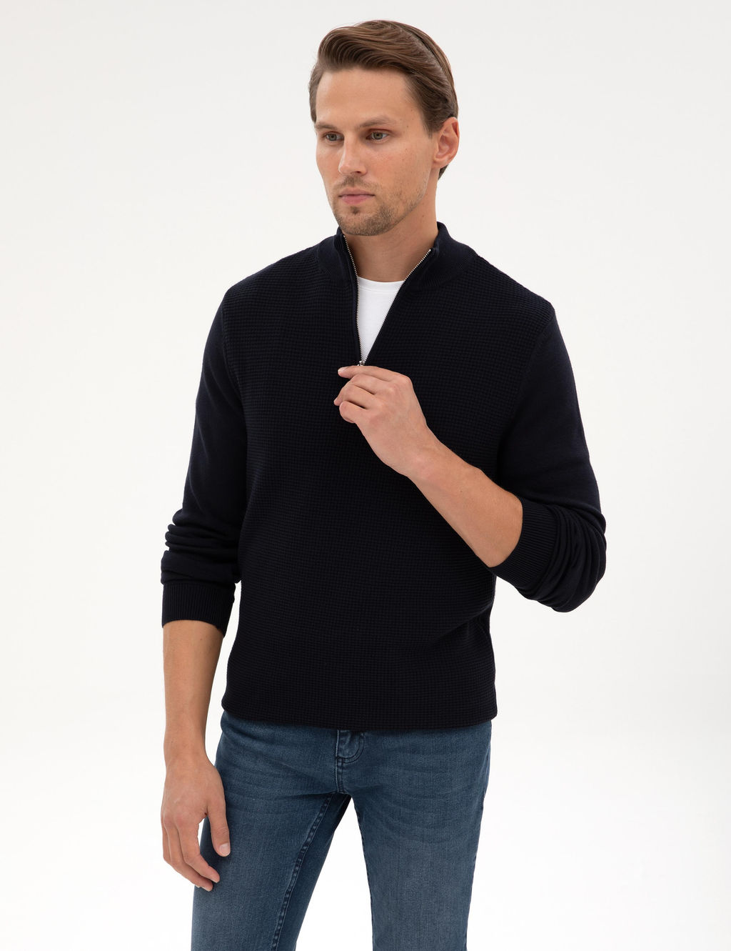 Lacivert Slim Fit Dik Yaka Fermuarl_ Triko Kazak - Pierre cardin фото 3