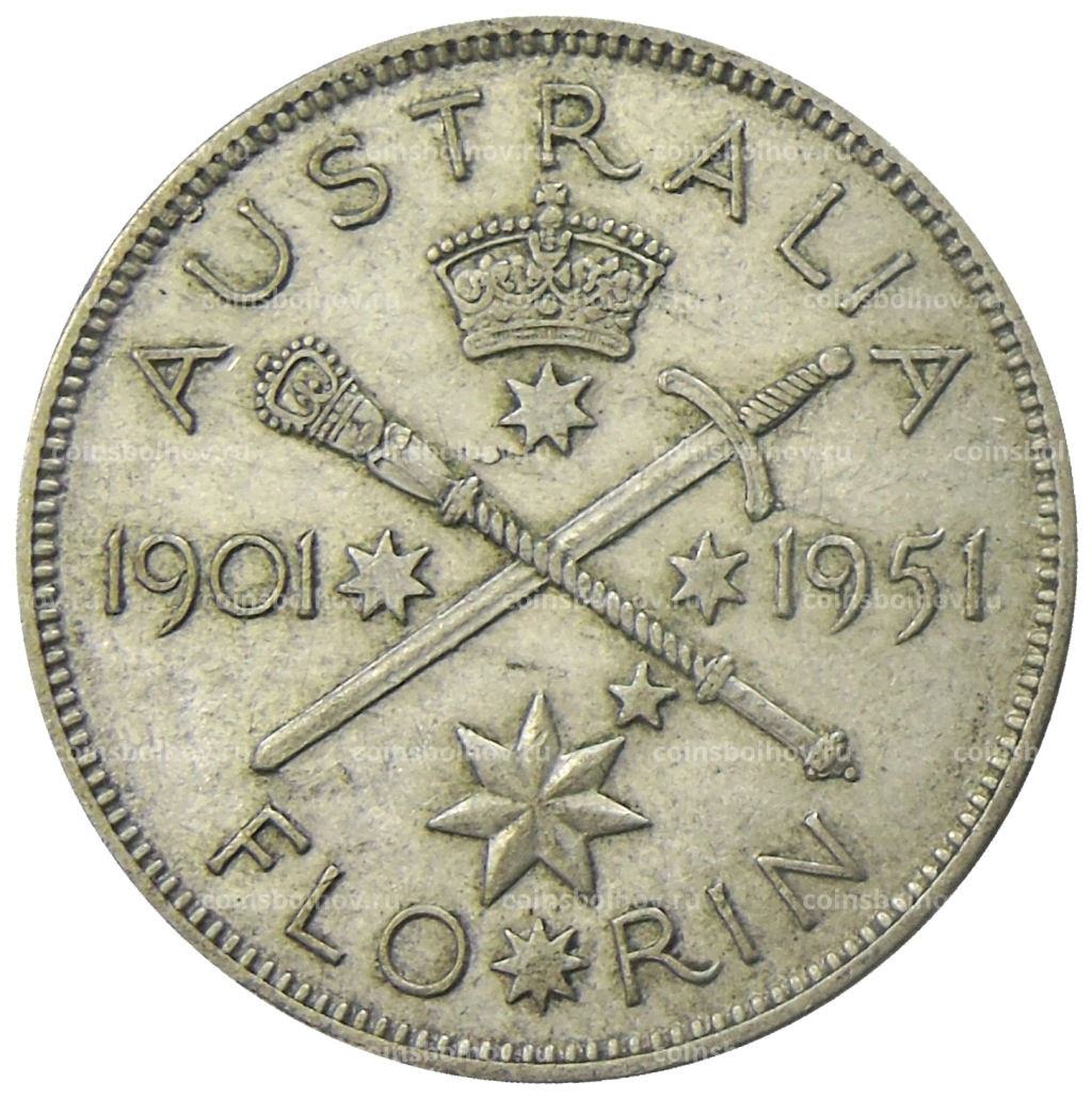 1 флорин (2 шиллинга) 1951 года Австралия  50 лет Федерации