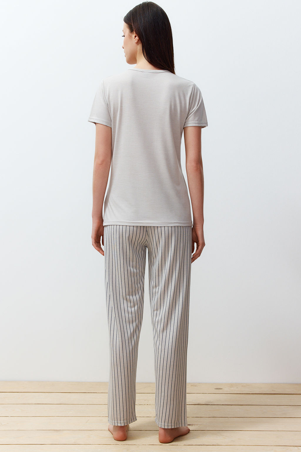 Trendyolmilla Mint Slogan Bask?l? Cizgili Orme Pijama Tak?m? THMSS24PT00251  фото 13