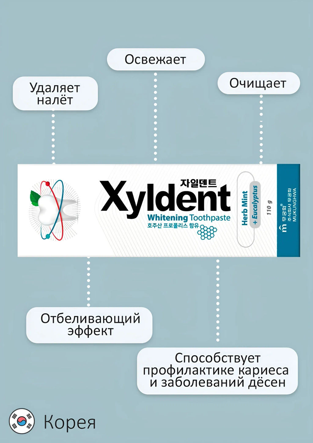 MUKUNGHWA Отбеливающая зубная паста Xyldent «Травы и эвкалипт» (гелевая) 110 г  фото 6
