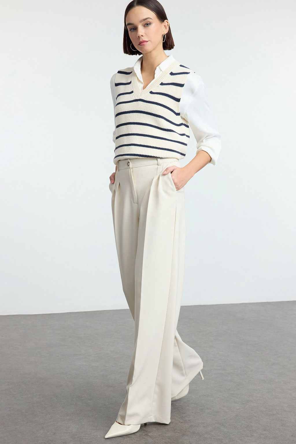 Ekru Pilili Wide Leg/Genis Paca Dokuma Pantolon TWOAW25PL00109 Palazzo