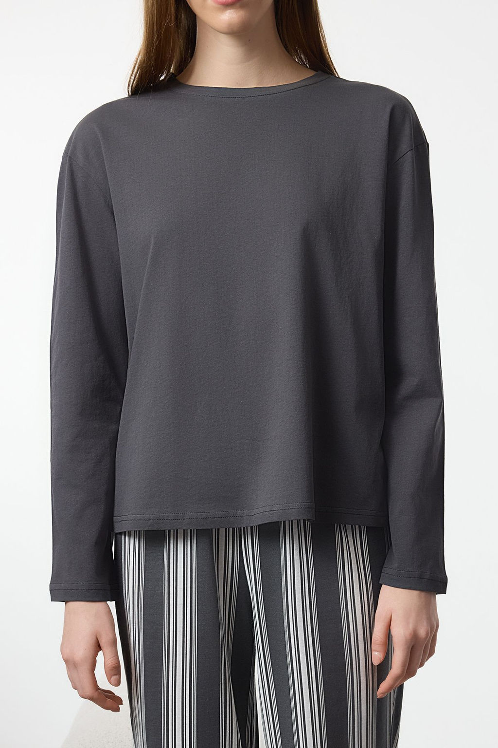 Trendyolmilla Antrasit %100 Pamuklu Cizgili Orme Pijama Tak?m? THMAW25PT00188  фото 15