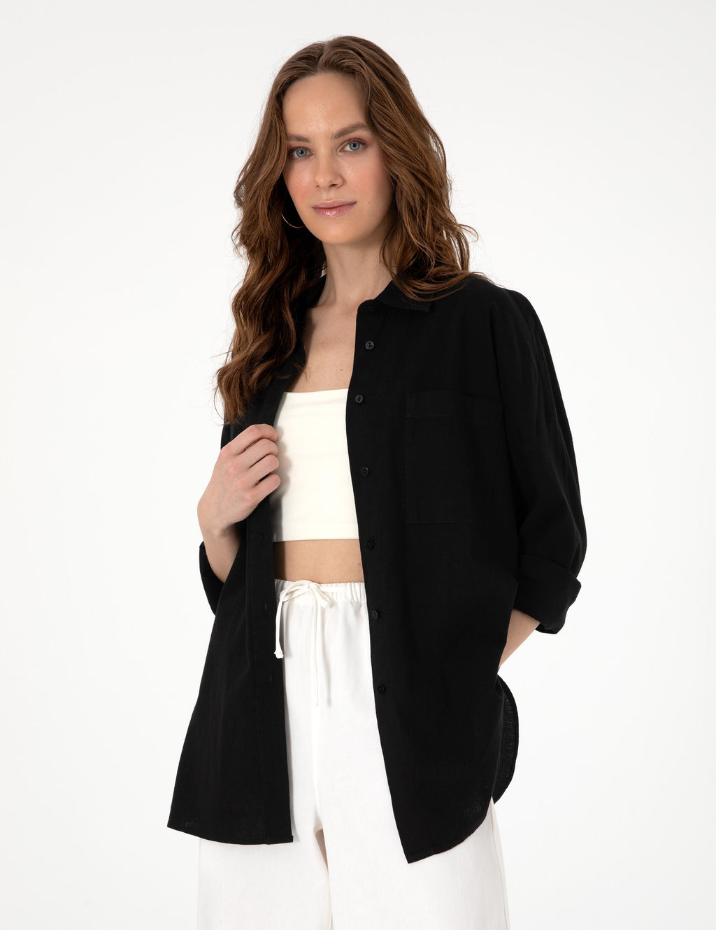 Siyah Oversize Keten Kar___ml_ Uzun Kollu G_mlek