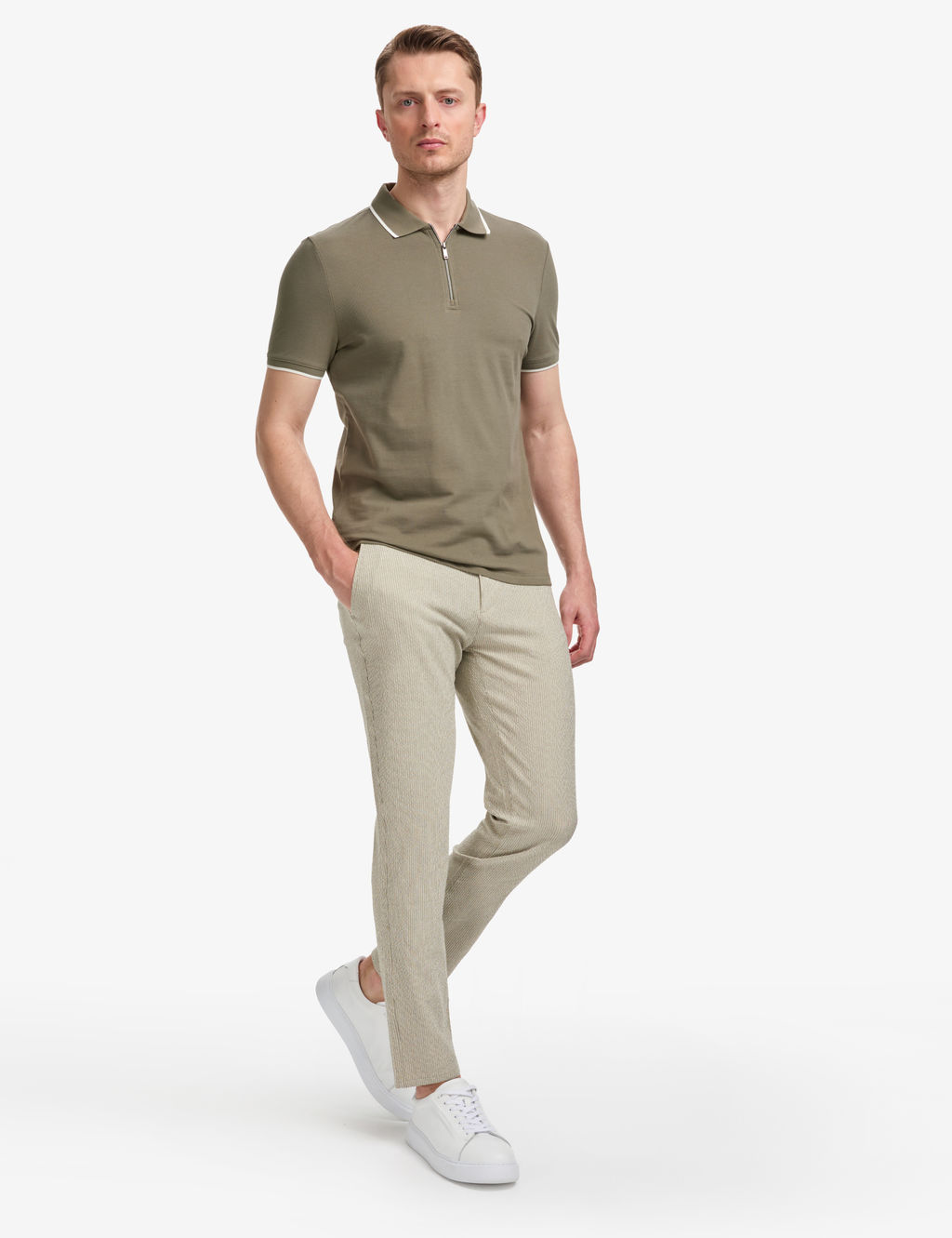 Haki Slim Fit %100 Pamuk Fermuarl_ Polo Yaka Ti__rt
