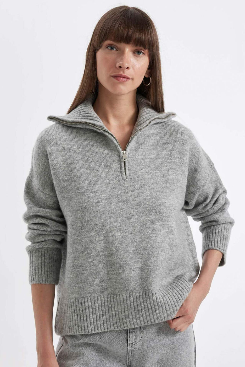 Oversize Genis Kal?p Yar?m Fermuarl? Dik Yaka Triko Kazak - Defacto фото 2