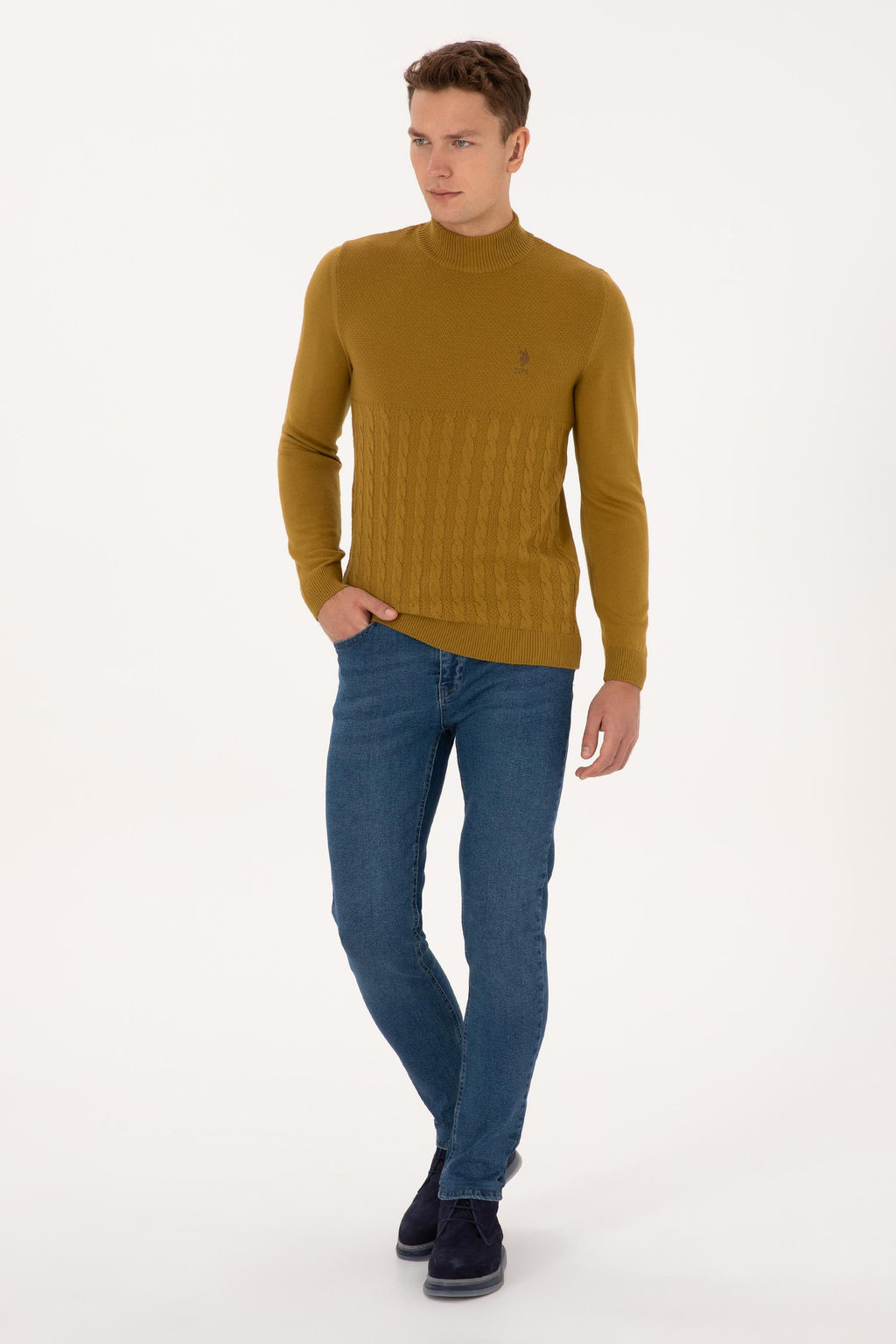 Erkek Slim Fit Yar_m Bal_k__ Yaka Hardal Kazak - U.s. polo assn фото 4