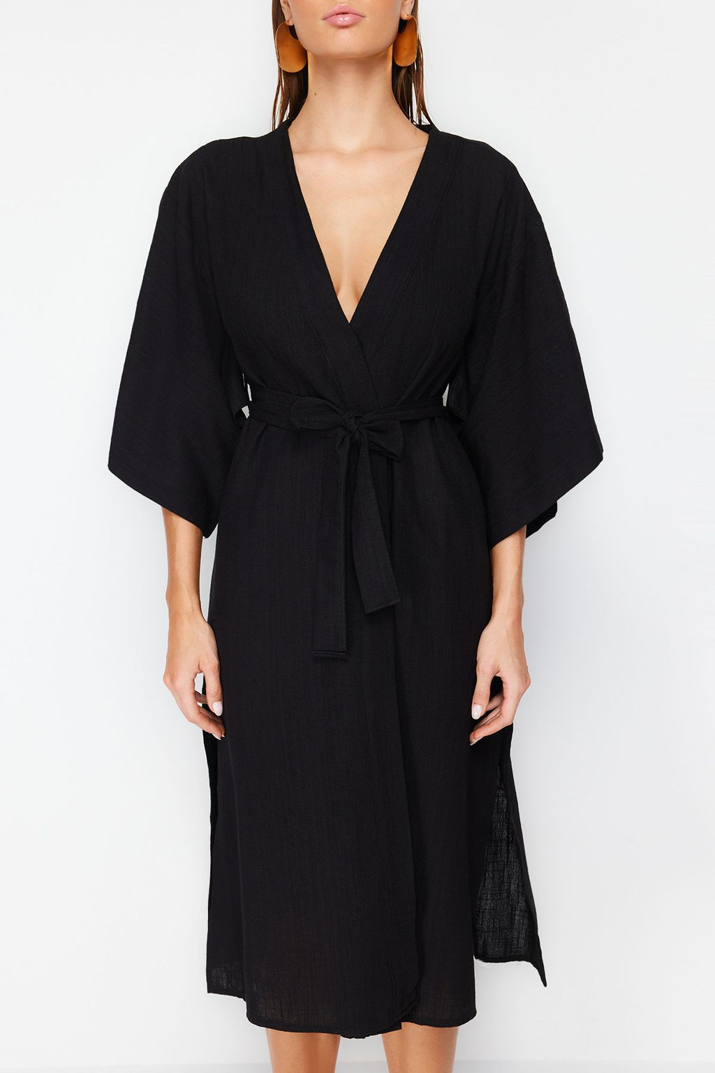Bej Kusakl? Maxi Dokuma Keten Gorunumlu Plaj Kimono&Kaftan TBESS23KM00058 - Trendyolmilla фото 11
