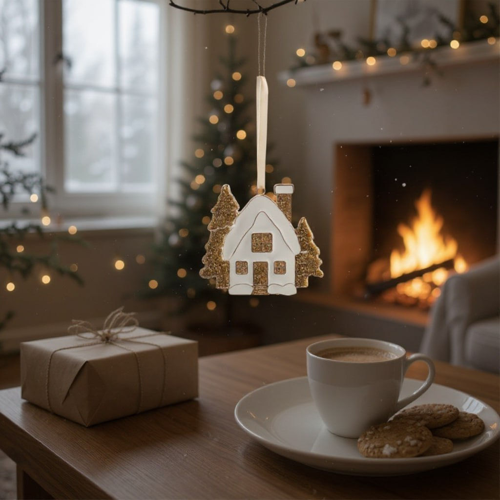 Игрушка елочная, 8 см, металл, золотистая, Домик с елками, New year - Anna lafarg фото 7