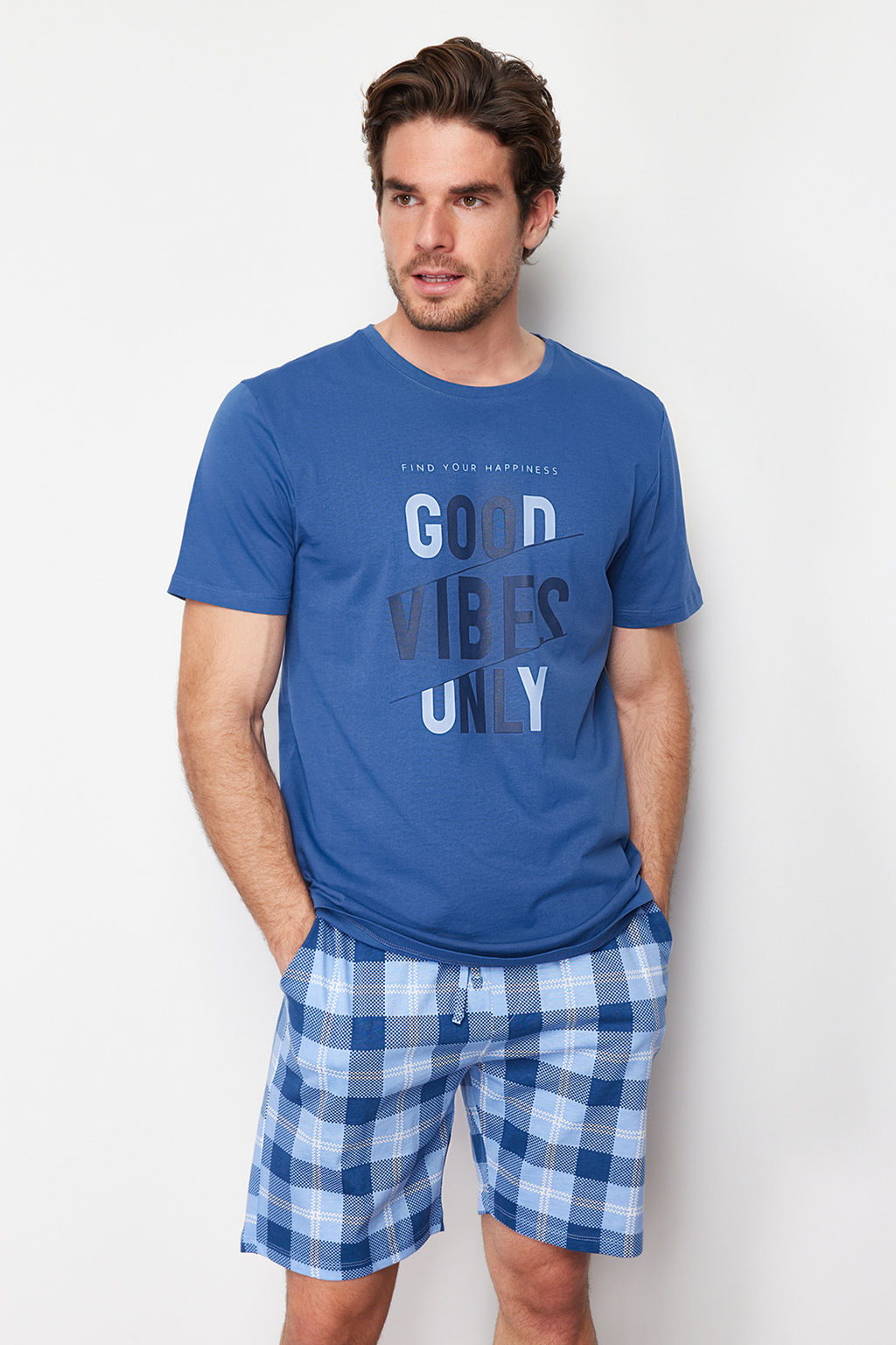 TRENDYOL MAN Indigo Ekose Regular Fit Orme Sortlu Pijama Tak?m? TMNSS24PT00026 - Trendyolmilla фото 2